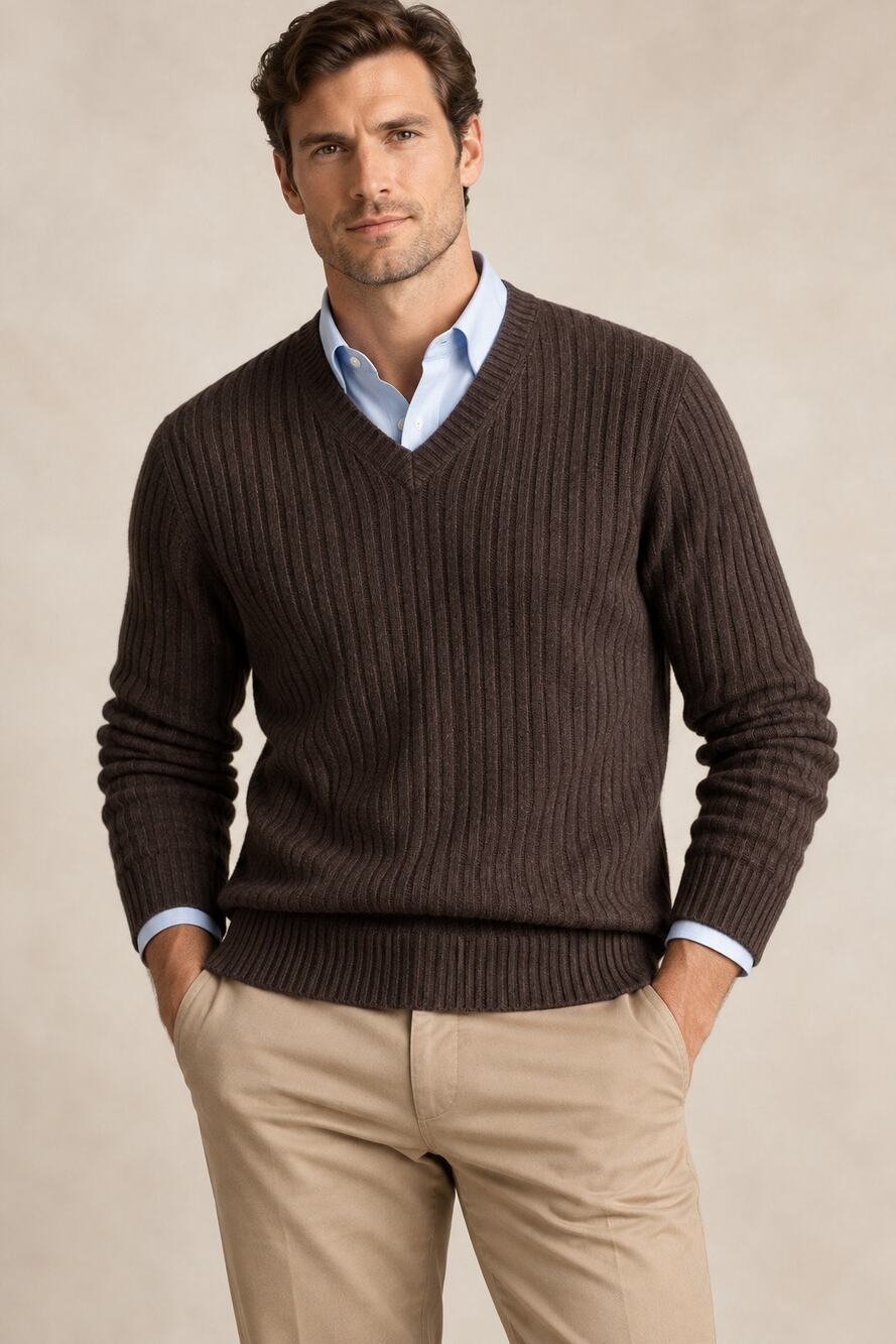 Brooks Brothers Lambswool Ribbed V-Neck Sweater – Brown – Size M